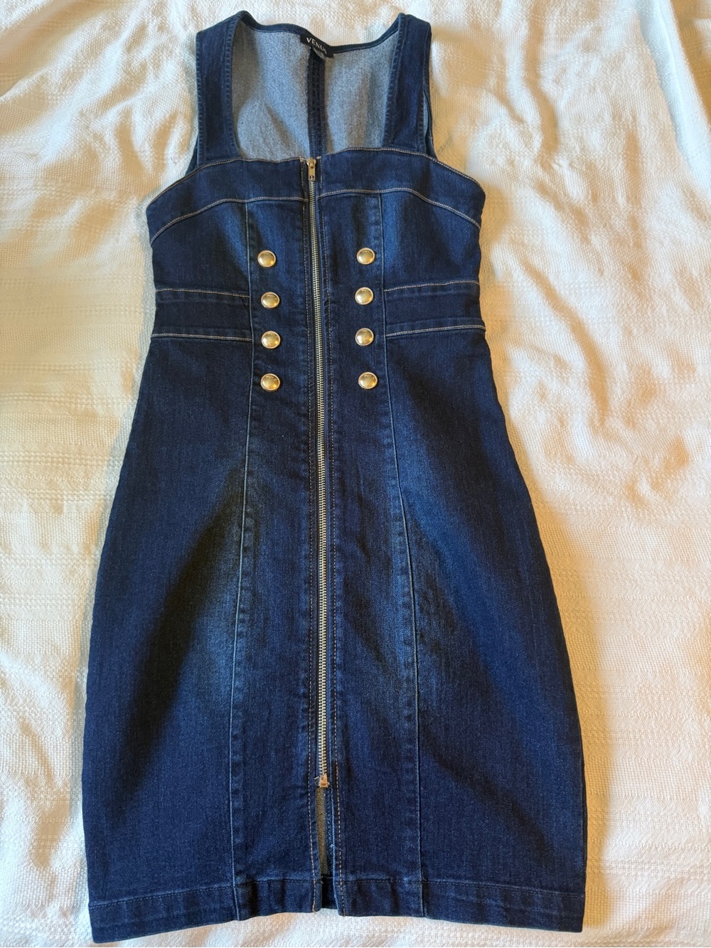VENUS Dark Blue Denim Zip-Front Mini Dress with Gold Buttons
